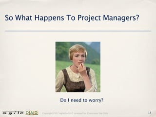 So What Happens To Project Managers?




                          Do I need to worry?

          Copyright 2012 AgileDad LLC Licensed for Classroom Use Only.   18
 