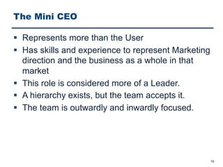 The Mini CEO
§ Represents more than the User
§ Has skills and experience to represent Marketing
direction and the business as a whole in that
market
§ This role is considered more of a Leader.
§ A hierarchy exists, but the team accepts it.
§ The team is outwardly and inwardly focused.
15
 
