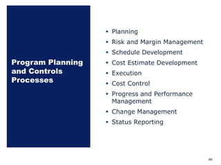 Program Planning
and Controls
Processes
§ Planning
§ Risk and Margin Management
§ Schedule Development
§ Cost Estimate Development
§ Execution
§ Cost Control
§ Progress and Performance
Management
§ Change Management
§ Status Reporting
69
 