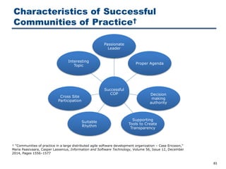 Characteristics of Successful
Communities of Practice†
83
Successful
COP
Passionate
Leader
Proper Agenda
Decision
making
authority
Supporting
Tools to Create
Transparency
Suitable
Rhythm
Cross Site
Participation
Interesting
Topic
† “Communities of practice in a large distributed agile software development organization – Case Ericsson,”
Maria Paasivaara, Casper Lassenius, Information and Software Technology, Volume 56, Issue 12, December
2014, Pages 1556–1577
 