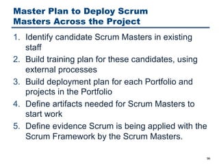 Master Plan to Deploy Scrum
Masters Across the Project
1. Identify candidate Scrum Masters in existing
staff
2. Build training plan for these candidates, using
external processes
3. Build deployment plan for each Portfolio and
projects in the Portfolio
4. Define artifacts needed for Scrum Masters to
start work
5. Define evidence Scrum is being applied with the
Scrum Framework by the Scrum Masters.
96
 