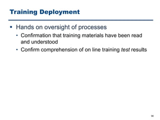 Training Deployment
§ Hands on oversight of processes
• Confirmation that training materials have been read
and understood
• Confirm comprehension of on line training test results
98
 