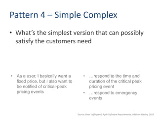 Pattern 4 – Simple Complex<br />What’s the simplest version that can possibly satisfy the customers need<br />As a user, I...