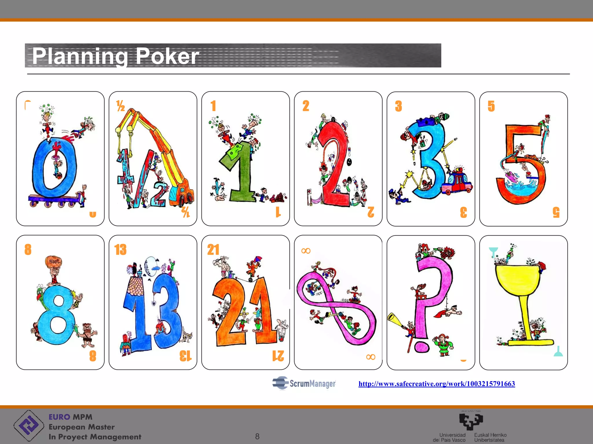 EURO MPM
European Master
In Proyect Management 8
Planning Poker
0
0
½
½
1
1
2
2
3
3
5
5
8
8
13
13
21
21
?
?


http://www.safecreative.org/work/1003215791663
 