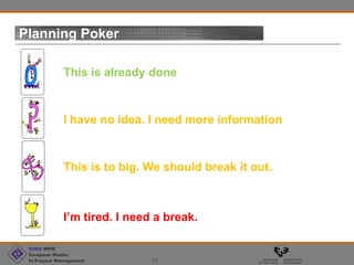 EURO MPM
European Master
In Proyect Management 11
Planning Poker
I’m tired. I need a break.
This is to big. We should break it out.
I have no idea. I need more information
This is already done
 