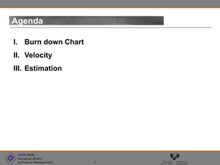 EURO MPM
European Master
In Proyect Management 2
Agenda
I. Burn down Chart
II. Velocity
III. Estimation
 