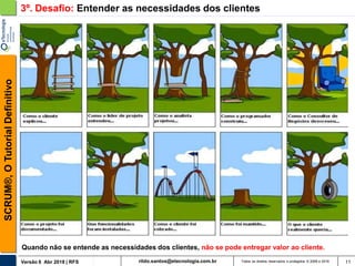 rildo.santos@etecnologia.com.brVersão 6 Abr 2018 | RFS
SCRUM®,OTutorialDefinitivo
Todos os direitos reservados e protegidos © 2006 e 2018 11
3º. Desafio: Entender as necessidades dos clientes
Quando não se entende as necessidades dos clientes, não se pode entregar valor ao cliente.
 