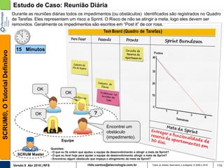 rildo.santos@etecnologia.com.brVersão 6 Abr 2018 | RFS
SCRUM®,OTutorialDefinitivo
Todos os direitos reservados e protegidos © 2006 e 2018 110
Estudo de Caso: Reunião Diária
SCRUM Master
Durante as reuniões diárias todos os impedimentos (ou obstáculos) identificados são registrados no Quadro
de Tarefas. Eles representam um risco a Sprint. O Risco de não se atingir a meta, logo eles devem ser
removidos. Geralmente os impedimentos são escritos em “Post it” de cor rosa.
Encontrei um
obstáculo
(impedimento).
OK
Equipe
?
OK
OK
15 Minutos
Questões:
- O que eu fiz ontem que ajudou a equipe de desenvolvimento a atingir a meta da Sprint?
- O que eu farei hoje para ajudar a equipe de desenvolvimento atingir a meta da Sprint?
- Encontrou algum obstáculo que impeça o atingimento da meta da Sprint?
 