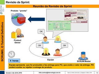 rildo.santos@etecnologia.com.brVersão 6 Abr 2018 | RFS
SCRUM®,OTutorialDefinitivo
Todos os direitos reservados e protegidos © 2006 e 2018
Revisão da Sprint:
Equipe apresenta que foi produzido e faz entrega para PO, que avalia o valor da entrega. PO
poderá aceitar ou rejeitar a entrega do produto.
Reunião da Revisão da Sprint
Equipe
Product
Owner
SCRUM Master4 horas
116
OKOK
OK
Produto “pronto”
 