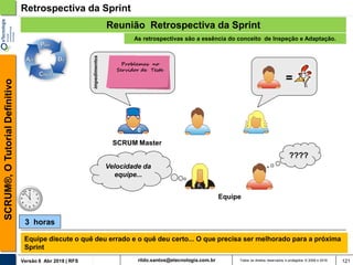 rildo.santos@etecnologia.com.brVersão 6 Abr 2018 | RFS
SCRUM®,OTutorialDefinitivo
Todos os direitos reservados e protegidos © 2006 e 2018
Retrospectiva da Sprint
Equipe discute o quê deu errado e o quê deu certo... O que precisa ser melhorado para a próxima
Sprint
Problemas no
Servidor de Teste
impedimentos
Reunião Retrospectiva da Sprint
As retrospectivas são a essência do conceito de Inspeção e Adaptação.
Equipe
????
Velocidade da
equipe...
=
SCRUM Master
121
3 horas
 