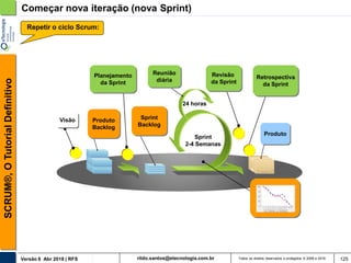 rildo.santos@etecnologia.com.brVersão 6 Abr 2018 | RFS
SCRUM®,OTutorialDefinitivo
Todos os direitos reservados e protegidos © 2006 e 2018 125
Começar nova iteração (nova Sprint)
Sprint
Backlog
Produto
Planejamento
da Sprint
Reunião
diária
24 horas
Revisão
da Sprint
Retrospectiva
da Sprint
Visão Produto
Backlog
Sprint
2-4 Semanas
Repetir o ciclo Scrum:
 
