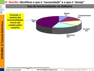 rildo.santos@etecnologia.com.brVersão 6 Abr 2018 | RFS
SCRUM®,OTutorialDefinitivo
Todos os direitos reservados e protegidos © 2006 e 2018 13
5º. Desafio: Identificar o que é “necessidade” e o que é “desejo”
Craig Larman, Agile and Iterative Development: A Manager’s Guide, Addison Wesley Professional
(2004)
13
Sempre
7% Freqüentemente
13%
As vezes
16%
Raramente
19%
Nunca
45%
Contudo, a
maioria das
funcionalidades
nunca são
usadas pelos
usuários
Uso de funcionalidades do Software
 