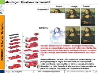 rildo.santos@etecnologia.com.brVersão 6 Abr 2018 | RFS
SCRUM®,OTutorialDefinitivo
Todos os direitos reservados e protegidos © 2006 e 2018 26
Abordagem Iterativo e Incremental:
Devido a complexidade, tamanho, mudanças de requisitos,
urgência e necessidade de demonstrar valor mais rápido, fica
quase inconcebível desenvolver software utilizando o modelo
cascata, ou seja, desenvolver todo o software em uma única
vez.
Desenvolvimento Iterativo e incremental é uma estratégia de
planejamento (que segue a linha dividir para conquistar) ,
onde o software é construído em partes, ou seja, em ciclos
(iterações), a cada iteração é feito um novo incremento (uma
parte do software funcional) até completar o software.
Incremental
Entrega 1 Entrega 2 Entrega 3
Iterativo
 