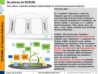 rildo.santos@etecnologia.com.brVersão 6 Abr 2018 | RFS
SCRUM®,OTutorialDefinitivo
Todos os direitos reservados e protegidos © 2006 e 2018 31
Os pilares do SCRUM:
Três pilares sustentam qualquer implementação de controle de processos empíricos.
O terceiro pilar:
Se o “inspetor” determinar, a partir da
inspeção, que um ou mais aspectos do
processo estão fora dos limites aceitáveis e
que o produto resultante será inaceitável, ele
deverá ajustar o processo ou o material
sendo processado. Esse ajuste deve ser
feito o mais rápido possível para minimizar
desvios posteriores.
Existem três pontos para inspeção e
adaptação em Scrum. A Reunião Diária (2) é
utilizada para inspecionar o progresso em
direção à Meta da Sprint e para realizar
adaptações que otimizem o valor do próximo
dia de trabalho. Além disso, as reuniões de
Revisão da Sprint (3) e de Planejamento da
Sprint (1) são utilizadas para inspecionar o
progresso em direção à Meta da Release e
para fazer as adaptações que otimizem o
valor da próxima Sprint.
E a Retrospectiva da Sprint (4) é utilizada
para revisar a Sprint passada e estabelecer
que adaptações tornarão a próxima Sprint
mais eficiente, produtiva, recompensadora e
gratificante.
2
1 3
4
 