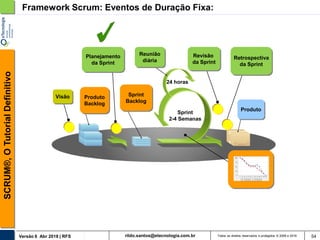 rildo.santos@etecnologia.com.brVersão 6 Abr 2018 | RFS
SCRUM®,OTutorialDefinitivo
Todos os direitos reservados e protegidos © 2006 e 2018 54
Framework Scrum: Eventos de Duração Fixa:
Sprint
Backlog
Produto
Planejamento
da Sprint
Reunião
diária
24 horas
Revisão
da Sprint
Retrospectiva
da Sprint
Visão Produto
Backlog
Sprint
2-4 Semanas
 