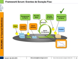 rildo.santos@etecnologia.com.brVersão 6 Abr 2018 | RFS
SCRUM®,OTutorialDefinitivo
Todos os direitos reservados e protegidos © 2006 e 2018 63
Framework Scrum: Eventos de Duração Fixa:
Sprint
Backlog
Produto
Planejamento
da Sprint
Reunião
diária
Sprint
2-4 Semanas
24 horas
Revisão
da Sprint
Retrospectiva
da Sprint
Visão Produto
Backlog
 