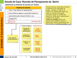 rildo.santos@etecnologia.com.brVersão 6 Abr 2018 | RFS
SCRUM®,OTutorialDefinitivo
Todos os direitos reservados e protegidos © 2006 e 2018 98
Fazer Reserva
de Apartamentos
Executar
testes
unitários
Executar
testes de
aceitação
Criar
Tabelas
Como cliente de negócio, eu quero fazer reserva de
apartamentos pela web para facilitar o meu
planejamento.
Pontos: ?
Titulo: “Fazer Reserva de Apartamentos”
Prioridade: Alta
História do Usuário
Criar
Interfaces
Do Usuário
Tarefas TécnicasTarefas de Negócio
Estudo de Caso: Reunião de Planejamento da Sprint
Detalhando as Histórias do Usuário em Tarefas:
Devemos buscar meios para facilitar
a estimativa de velocidade da
equipe, quebrar a história do
usuário em tarefas pode fazer que
todos os membros da equipe
visualizem todas as tarefas que
devem ser feitas para implementar
a história do Usuário.
Testes de aceitação devem ser
escritos para detalhar melhor a
história do usuário, geralmente eles
são escritos no versão do cartão.
Consulta de
Reserva de
Apartamento
Cadastro de
Fila de Espera
Cadastro de
Cliente
Confirmação
da Reserva
 