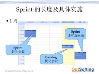 Sprint 的长度及具体实施 1 周 Backlog  优化会议 Sprint  计划会议 Sprint 评审及回顾 
