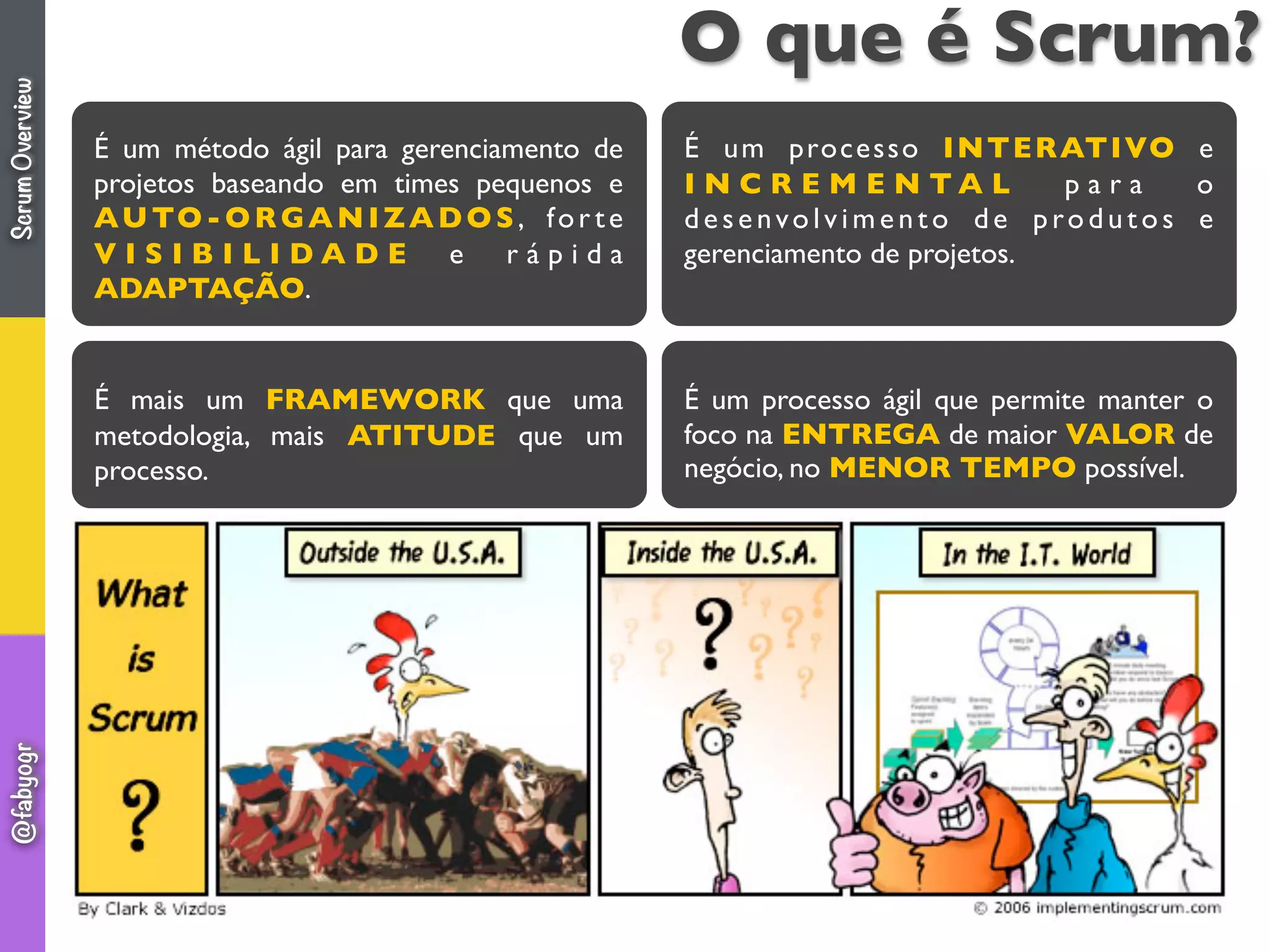 O que é Scrum?
É um método ágil para gerenciamento de
projetos baseando em times pequenos e
AUTO-ORGANIZADOS, for te
V I S I B I L I D A D E e r á p i d a
ADAPTAÇÃO.
É um processo INTERATIVO e
I N C R E M E N T A L p a r a o
desenvolvimento de produtos e
gerenciamento de projetos.
É mais um FRAMEWORK que uma
metodologia, mais ATITUDE que um
processo.
É um processo ágil que permite manter o
foco na ENTREGA de maior VALOR de
negócio, no MENOR TEMPO possível.
ScrumOverview@fabyogr
 