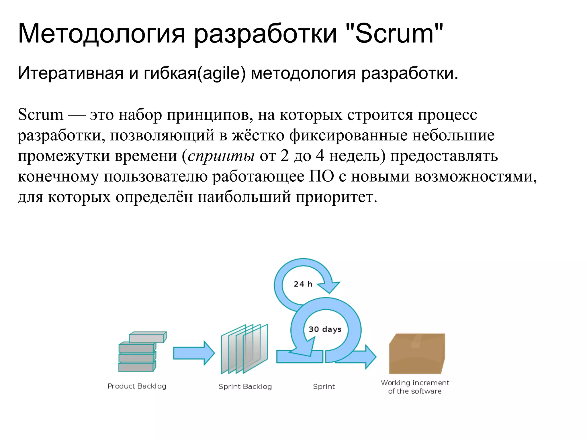 Методология разработки "Scrum"
Итеративная и гибкая(agile) методология разработки.

Scrum — это набор принципов, на которых строится процесс
разработки, позволяющий в жёстко фиксированные небольшие
промежутки времени (спринты от 2 до 4 недель) предоставлять
конечному пользователю работающее ПО с новыми возможностями,
для которых определён наибольший приоритет.
 