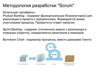 Методология разработки "Scrum"
Использует артефакты:
Pruduct Backlog - содержит функциональные блоки(истории) для
реализации в проекте с приоритетами. Формируется всеми
участниками процесса. Приоритеты ставит заказчик.

Sprint Backlog - содержит уточненные задачи к реализации в
итерации (спринте), определяются заказчиком и командой.

Burndown Chart - индикатор прогресса, вместо диаграмм Ганнта
 