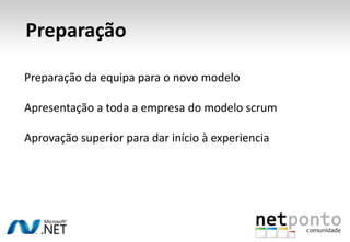 PreparaçãoPreparação da equipa para o novo modeloApresentação a toda a empresa do modelo scrumAprovação superior para dar início à experiencia