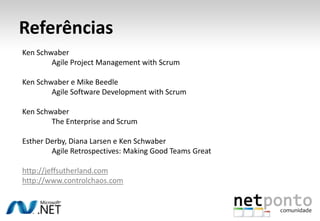 ReferênciasKenSchwaberAgile Project Managementwith ScrumKenSchwaber e MikeBeedleAgile Software Developmentwith ScrumKenSchwaberTheEnterpriseand ScrumEsther Derby, Diana Larsen e KenSchwaberAgileRetrospectives: MakingGoodTeams Greathttp://jeffsutherland.comhttp://www.controlchaos.com