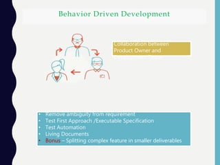 Behavior Driven Development
• Remove ambiguity from requirement
• Test First Approach /Executable Specification
• Test Automation
• Living Documents
• Bonus – Splitting complex feature in smaller deliverables
Collaboration between
Product Owner and
Development Team
 