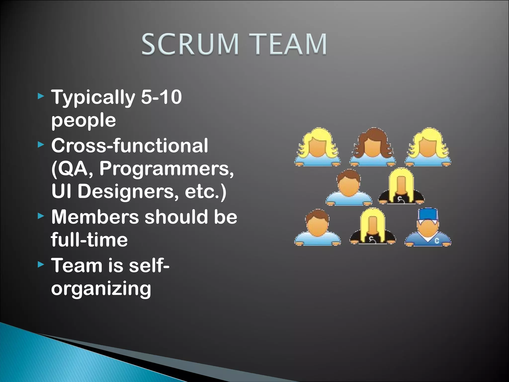 Typically 5-10
people
 Cross-functional
(QA, Programmers,
UI Designers, etc.)
 Members should be
full-time
 Team is selforganizing


 