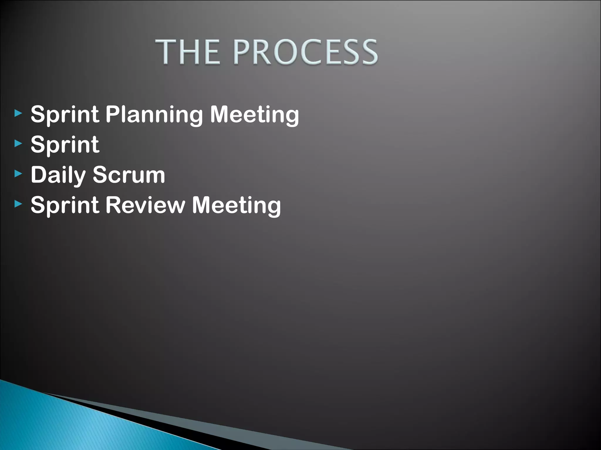 Sprint Planning Meeting
 Sprint
 Daily Scrum
 Sprint Review Meeting


 