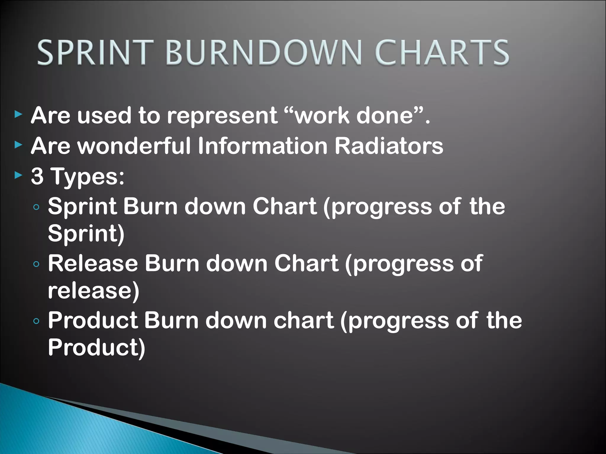 Are used to represent &ldquo;work done&rdquo;.
 Are wonderful Information Radiators
 3 Types:
◦ Sprint Burn down Chart (progress of the
Sprint)
◦ Release Burn down Chart (progress of
release)
◦ Product Burn down chart (progress of the
Product)


 