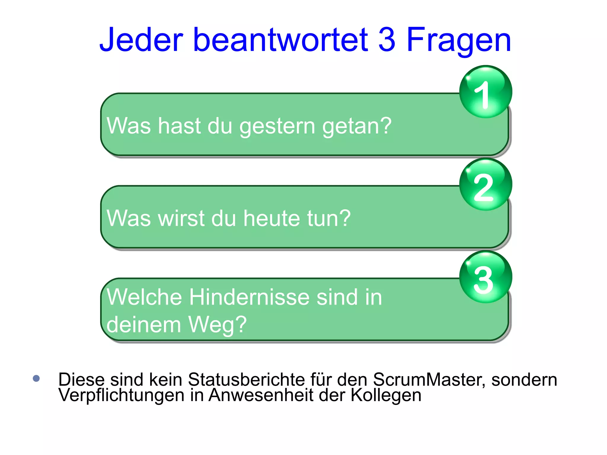 Jeder beantwortet 3 Fragen
                                                    1
         Was hast du gestern getan?

                                                    2
         Was wirst du heute tun?


         Welche Hindernisse sind in                 3
         deinem Weg?

•   Diese sind kein Statusberichte für den ScrumMaster, sondern
    Verpflichtungen in Anwesenheit der Kollegen
 