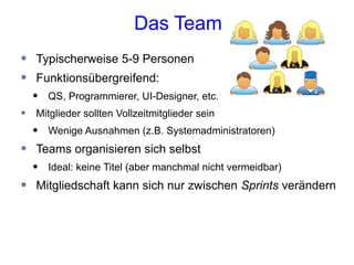Scrum - der Rahmen
Rollen
• Produkt-Owner
• ScrumMaster
• Team
                  Meetings
                  • Sprint-Planu...