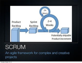 SCRUM
          An agile framework for complex and creative
          projects
Thursday, October 18, 12
 