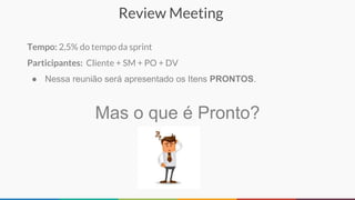 Review Meeting
Mas o que é Pronto?
● Nessa reunião será apresentado os Itens PRONTOS.
Tempo: 2,5% do tempo da sprint
Participantes: Cliente + SM + PO + DV
 