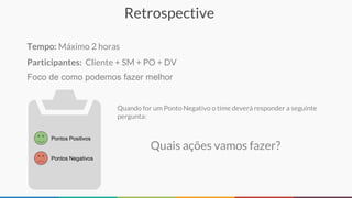 Retrospective
Foco de como podemos fazer melhor
Pontos Positivos
Pontos Negativos
Quando for um Ponto Negativo o time deverá responder a seguinte
pergunta:
Quais ações vamos fazer?
Tempo: Máximo 2 horas
Participantes: Cliente + SM + PO + DV
 