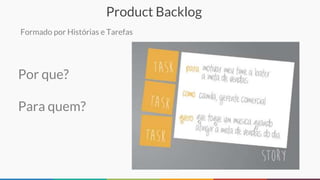 Product Backlog
Formado por Histórias e Tarefas
Por que?
Para quem?
 