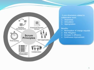 5
3 core dimensions related to
collaborative work:
1. Awareness
2. Articulation
3. Appropriation
Benefits:
 Minimization of change requests
 Risk Mitigation
 Increase in efficiency
 Continuous improvement
 