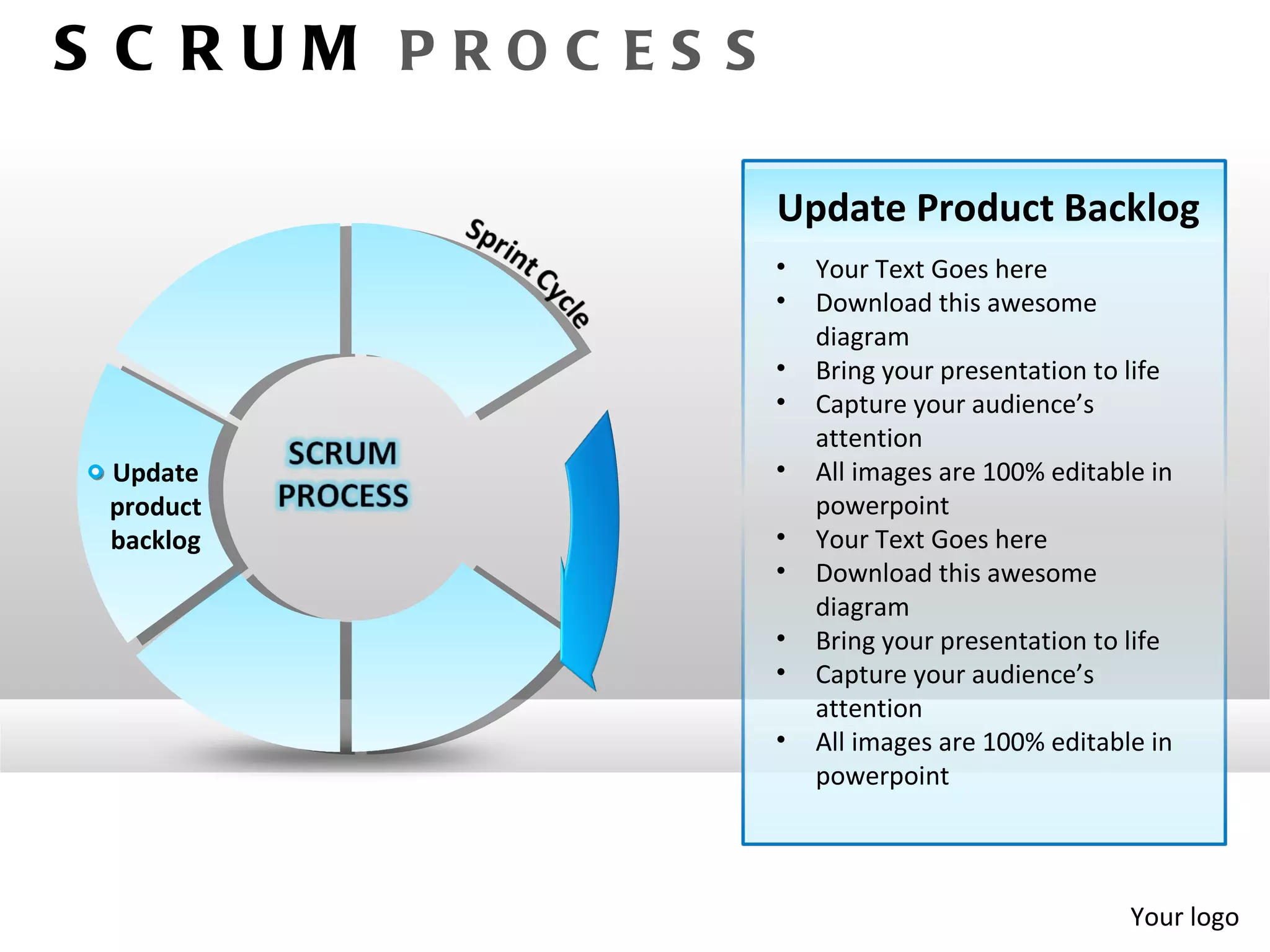 S C RUM PROC ES S

                    Update Product Backlog
                    •   Your Text Goes here
                    •   Download this awesome
                        diagram
                    •   Bring your presentation to life
                    •   Capture your audience’s
                        attention
 Update             •   All images are 100% editable in
 product                powerpoint
 backlog            •   Your Text Goes here
                    •   Download this awesome
                        diagram
                    •   Bring your presentation to life
                    •   Capture your audience’s
                        attention
                    •   All images are 100% editable in
                        powerpoint




                                                   Your logo
 