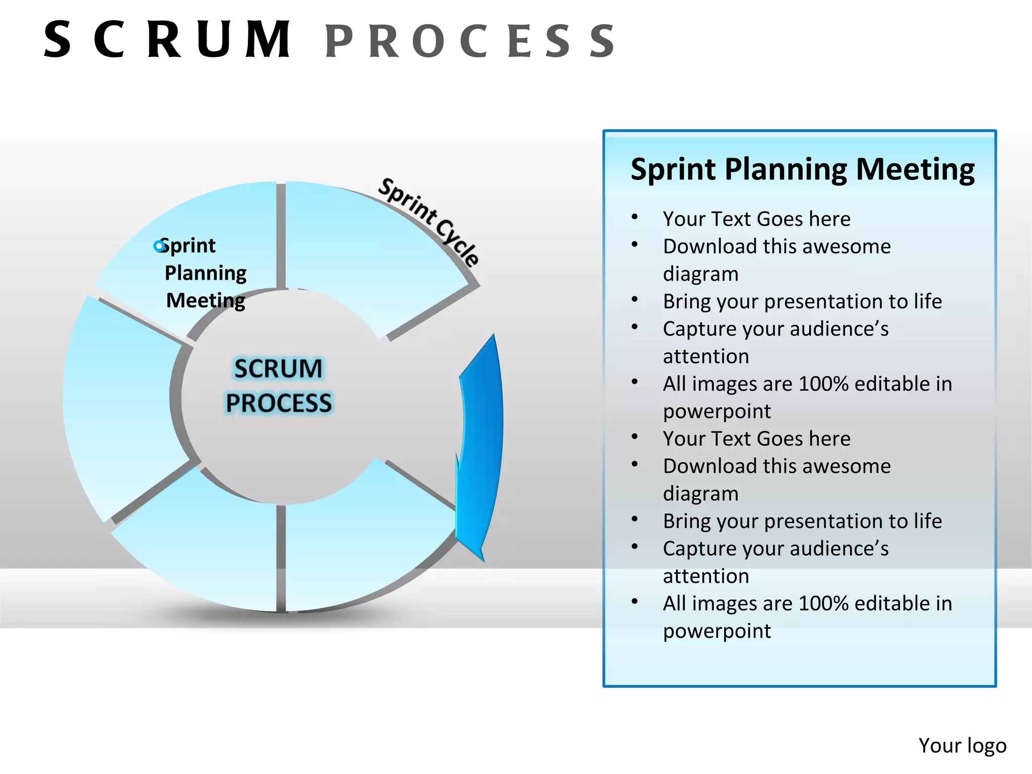 S C RUM PROC ES S

                    Sprint Planning Meeting
                    •   Your Text Goes here
   Sprint           •   Download this awesome
   Planning             diagram
    Meeting         •   Bring your presentation to life
                    •   Capture your audience’s
                        attention
                    •   All images are 100% editable in
                        powerpoint
                    •   Your Text Goes here
                    •   Download this awesome
                        diagram
                    •   Bring your presentation to life
                    •   Capture your audience’s
                        attention
                    •   All images are 100% editable in
                        powerpoint




                                                   Your logo
 