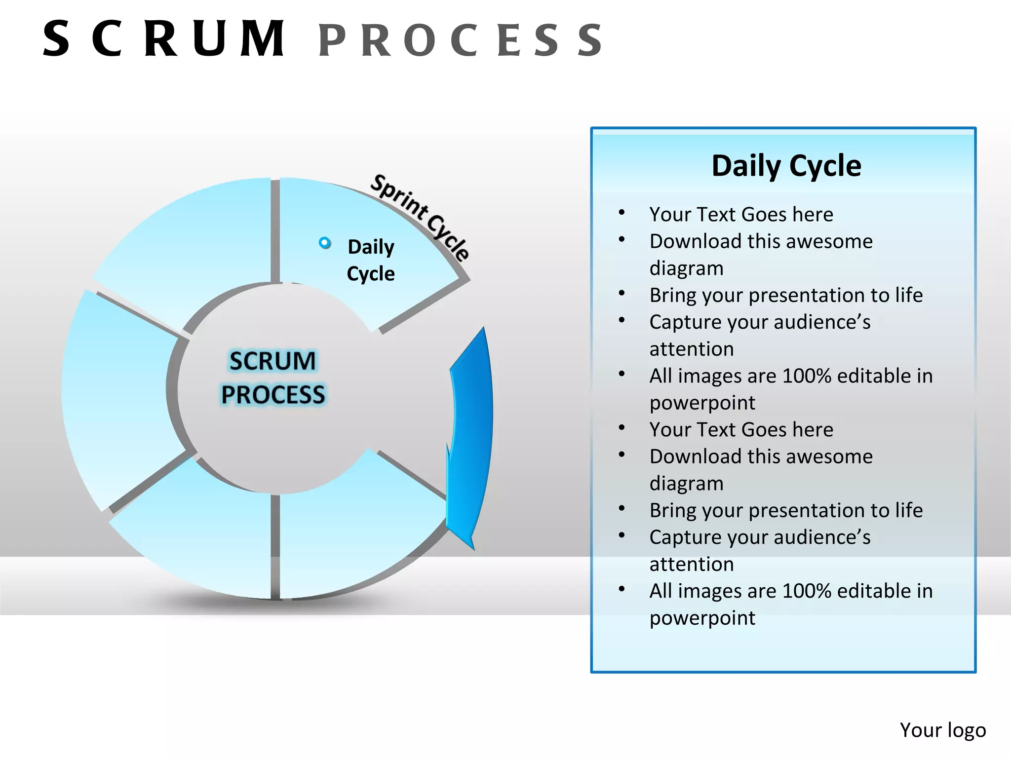 S C RUM PROC ES S

                              Daily Cycle
                    •   Your Text Goes here
         Daily      •   Download this awesome
         Cycle          diagram
                    •   Bring your presentation to life
                    •   Capture your audience’s
                        attention
                    •   All images are 100% editable in
                        powerpoint
                    •   Your Text Goes here
                    •   Download this awesome
                        diagram
                    •   Bring your presentation to life
                    •   Capture your audience’s
                        attention
                    •   All images are 100% editable in
                        powerpoint




                                                   Your logo
 
