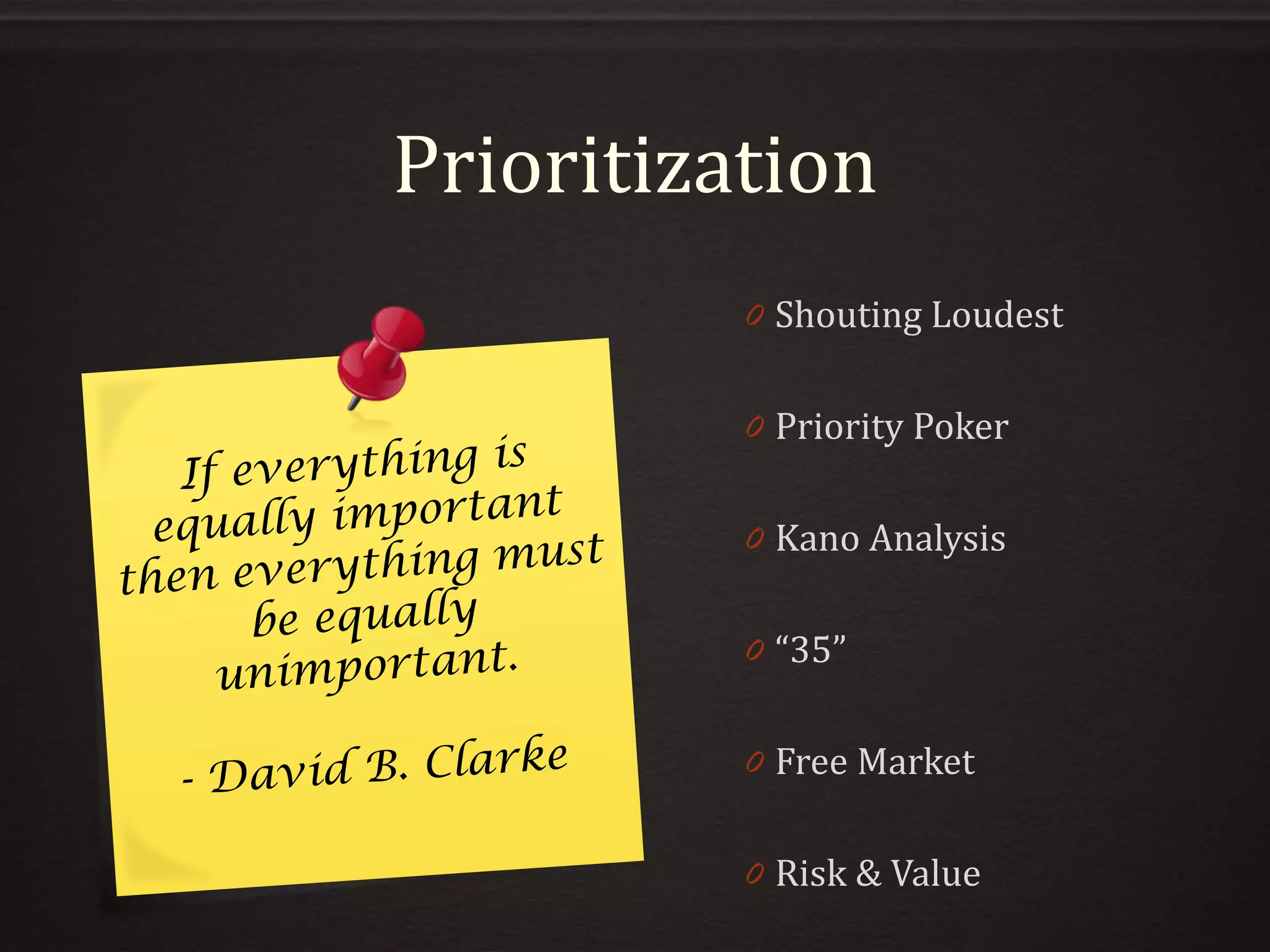 Prioritization
0 Shouting Loudest
0 Priority Poker
0 Kano Analysis
0 “35”
0 Free Market
0 Risk & Value
 