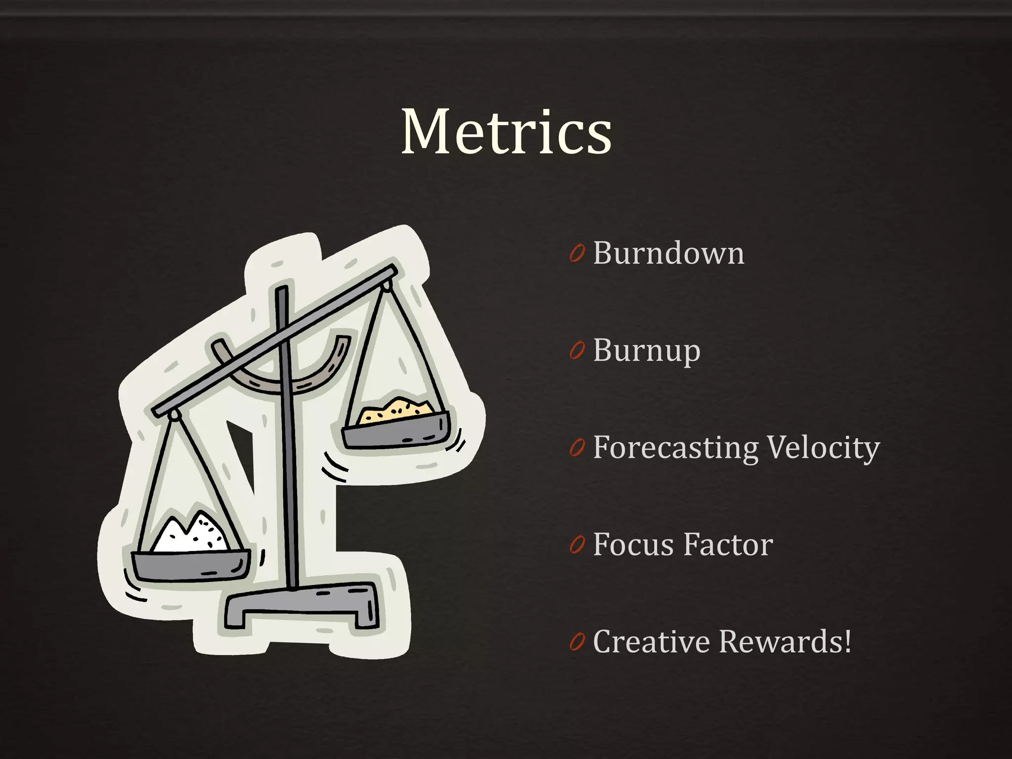 Metrics
0 Burndown
0 Burnup
0 Forecasting Velocity
0 Focus Factor
0 Creative Rewards!
 