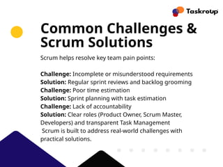 Common Challenges &
Scrum Solutions
Scrum helps resolve key team pain points:
Challenge: Incomplete or misunderstood requirements
Solution: Regular sprint reviews and backlog grooming
Challenge: Poor time estimation
Solution: Sprint planning with task estimation
Challenge: Lack of accountability
Solution: Clear roles (Product Owner, Scrum Master,
Developers) and transparent Task Management
Scrum is built to address real-world challenges with
practical solutions.
 
