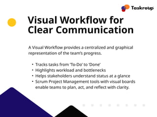 Visual Workflow for
Clear Communication
A Visual Workflow provides a centralized and graphical
representation of the team’s progress.
• Tracks tasks from ‘To-Do’ to ‘Done’
• Highlights workload and bottlenecks
• Helps stakeholders understand status at a glance
• Scrum Project Management tools with visual boards
enable teams to plan, act, and reflect with clarity.
 
