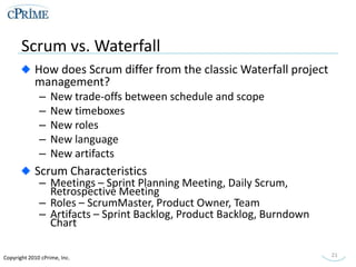 Scrum is ideal for rapidly changing, accumulating requirements.</li></ul>14<br />Copyright 2010 cPrime, Inc.<br />