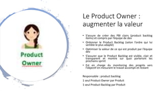 Le Product Owner :
augmenter la valeur
• S’assure de créer des PBI clairs (product backlog
items) et compris par l’équipe de dev
• Ordonner le Product Backlog (selon l’ordre qui lui
semble le plus adapté)
• Optimiser la valeur de ce qui est produit par l’équipe
dev
• S’assurer que le Product Backlog est visible, clair et
transparent et montre sur quoi porteront les
prochains sprint
• Est en charge du monitoring des progrès vers
l’objectif en mesurant le travail accompli et restant
Responsable : product backlog
1 seul Product Owner par Produit
1 seul Product Backlog par Produit
 