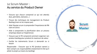 Le Scrum Master :
Au service du Product Owner
• S’assure que chacun comprend ce qui est attendu
(but, périmètre, domaine…)
• Trouve des techniques de management du Product
Backlog (mais ne les impose pas)
• Aide l’équipe scrum à comprendre l’importance de PBI
clairs et concis
• Aide à comprendre la planification dans un process
empirique (basé sur l’expérience)
• S’assure que le PO comprend comment organiser son
product backlog pour produire le maximum de valeur
• Facilite les événements Scrum si demandé ou si
besoin
Responsable : S’assurer que le PO (product owner) a
bien compris ses responsabilités (notamment le fait qu’il
pilote le projet au travers du backlog)
 