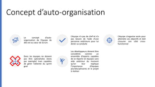 Concept d’auto-organisation
Le concept d’auto-
organisation de l’équipe de
dév est au cœur de Scrum.
L’équipe n’a pas de chef et n’a
pas besoin de l’aide d’une
personne extérieure pour lui
dicter sa conduite
L’équipe s’organise seule pour
atteindre ses objectifs et doit
s’assurer son côté cross-
functionnal
Donc les équipes ne doivent
pas être spécialisées (tests
par exemple) mais capables
de gérer l’atteinte du sprint
goal
Les développeurs doivent être
considérés comme un
ensemble d’experts capables
de se répartir en équipes sans
aide extérieur du moment
qu’on leur explique
l’importance d’équipes
pluridisciplinaires et le projet
à réaliser
 