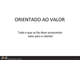 13	
  
ORIENTADO	
  AO	
  VALOR	
  
Tudo	
  o	
  que	
  se	
  faz	
  deve	
  acrescentar	
  
	
  valor	
  para	
  o	
  cliente!	
  
 